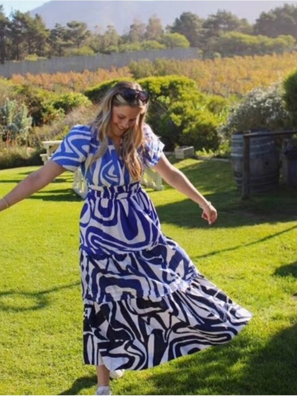 Anthropologie Somerset Slate Blue & White Abstract Tiered Maxi Dress - Picture 3 of 4